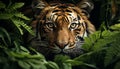 Majestic Bengal tiger hiding in tropical rainforest, staring at camera generated by AI Royalty Free Stock Photo