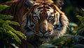 Majestic Bengal tiger hiding in tropical rainforest, staring at camera generated by AI Royalty Free Stock Photo