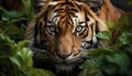 Majestic Bengal tiger hiding in tropical rainforest, staring at camera generated by AI Royalty Free Stock Photo