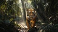 Majestic bengal tiger in jungle, photorealistic wide angle capture with sunlit foliage Royalty Free Stock Photo