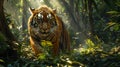 Majestic bengal tiger in jungle, ultra wide angle photorealistic shot capturing its captivating roam