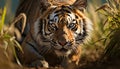 Majestic Bengal tiger staring, hiding in green wilderness, fierce and beautiful generated by AI Royalty Free Stock Photo