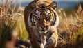 Majestic Bengal tiger staring, hiding in tranquil wilderness generated by AI Royalty Free Stock Photo