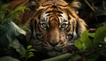 Majestic Bengal tiger staring, hiding in tropical rainforest generated by AI Royalty Free Stock Photo