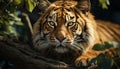 Majestic Bengal tiger staring, hiding in tropical rainforest generated by AI Royalty Free Stock Photo