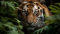 Majestic Bengal tiger staring, hiding in tropical rainforest, wild beauty generated by AI