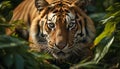 Majestic Bengal tiger staring, hiding in tropical rainforest wilderness generated by AI Royalty Free Stock Photo