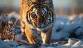 Majestic Bengal tiger walking in snow, staring at camera generated by AI Royalty Free Stock Photo