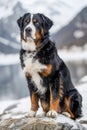 Majestic Bernese Mountain Dog Sitting in Snow Covered Mountains, Winter Alpine Landscape with Pet Royalty Free Stock Photo