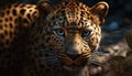 Majestic big cat staring, spotted in African wilderness, undomesticated generated by AI