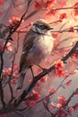 Majestic Bird Perched on Blossoming Cherry Branch in Ethereal Forest Light