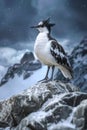 Majestic Bird Perched on Rocky Outcrop Overlooking Snowy Mountain Range During Twilight