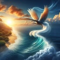 Majestic bird soaring above serene seascape, illuminated by golden sunset