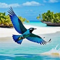 majestic bird soars above the crystal clear waters and sandy shores of a