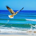 majestic bird soars above the crystal clear waters and sandy shores of a