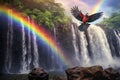 A majestic bird soars effortlessly above a mesmerizing waterfall, framed by a vibrant rainbow, Waterfall in Kauai With Rainbow and