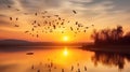 Majestic Birds in Silhouette Gracefully Glide Over the Enchanting Lake at Sunset. Generative AI