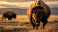 American Bison at Sunrise Grazing in the Prairie Grasslands with a Second Bison Royalty Free Stock Photo