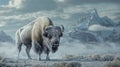 A Majestic Bison Stands Against a Snowy Mountain Range Royalty Free Stock Photo