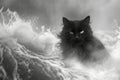 Majestic Black Cat Staring Intently Amidst Raging Waves in Monochrome Photography Royalty Free Stock Photo