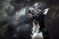 Majestic Black Dog Looking Upwards with Stormy Clouds Background Portrait of Canine Nobility Royalty Free Stock Photo