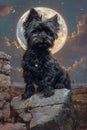Majestic Black Dog Posing on a Rock Under Moonlit Sky with Antique Ruins Background