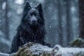 Majestic Black Dog Sitting on a Snow Covered Rock in a Misty Winter Forest