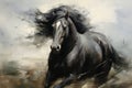 Majestic Black Horse Galloping in Field. Power and Grace of Wild Horse in Motion. Illustration in style of oil painting Royalty Free Stock Photo