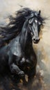 Majestic Black Horse Galloping in Field. Power and Grace of Wild Horse in Motion. Illustration in style of oil painting Royalty Free Stock Photo