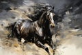 Majestic Black Horse Galloping in Field. Power and Grace of Wild Horse in Motion. Impressionism, oil painting, rough Royalty Free Stock Photo