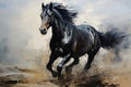 Majestic Black Horse Galloping in Field. Power and Grace of Wild Horse in Motion. Painting in style of Impressionism and Royalty Free Stock Photo