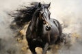 Majestic Black Horse Galloping in Field. Power and Grace of Wild Horse in Motion. Painting in style of Impressionism and Royalty Free Stock Photo