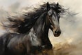 Majestic Black Horse on light background. Power and Grace of Wild Horse. Painting in style of Impressionism and oil