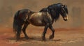 A majestic black horse stands in a dusty setting, depicted with expressive brush strokes that convey a sense of calm