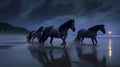 Majestic Black Horses Run on Misty Beach, AI Generative Royalty Free Stock Photo