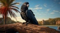 A majestic black palm cockatoo perched on a weathered tree stump