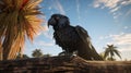 A majestic black palm cockatoo perched on a weathered tree stump