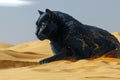 Majestic Black Panther with Glowing Cracks Lying in Desert Sands at Sunset
