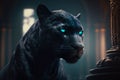 Majestic black panther with striking blue eyes, a wild feline predator