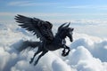 Majestic black Pegasus horse flying high above the clouds