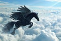 Majestic black Pegasus horse flying high above the clouds
