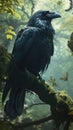 Majestic black raven on a moss covered branch.