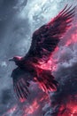 Majestic Black Raven Soaring with Illuminated Red Wings Amidst Dark Stormy Skies and Dynamic Clouds Royalty Free Stock Photo