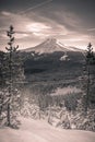 Majestic black and white view of Mount Hood during the winter sunset Royalty Free Stock Photo