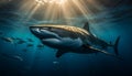 Majestic blacktip reef shark swimming in deep blue saltwater reef generated by AI