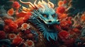 A majestic blue dragon in flowers. Generative AI.