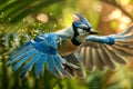 Majestic Blue Jay Bird in Flight with Spread Wings in a Sunlit Forest with Water Droplets Glistening in the Air