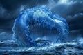 Majestic Blue Jellyfish Illuminated in Dark Ocean Waters, Surreal Maritime Scene