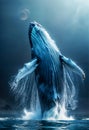Majestic Blue Whale Breaching in Moonlit Ocean Royalty Free Stock Photo