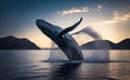 A majestic blue whale breaching out of the water surrounded by mountains generative AI Royalty Free Stock Photo